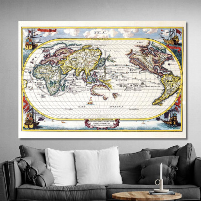 Quadro Mappa Del Mondo Antica Con Navi E Rotte Di Esplorazione Storiche map17 quadro stampato su tela