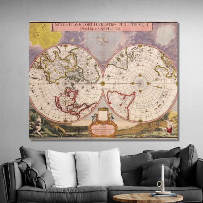Quadro Mappa Del Mondo Antica Con Proiezione Polare E Dettagli Cartografici Storici map18 quadro stampato su tela