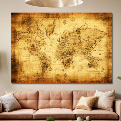 Quadro Mappa Del Mondo Antica Stile Pirata Con Effetto Invecchiato E Bussola Nautica map19 quadro stampato su tela