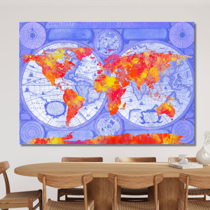 Quadro Mappa Del Mondo Artistica Con Effetto Astratto Blu E Rosso Su Sfondo Vintage map23 quadro stampato su tela