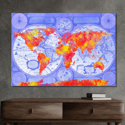 Quadro Mappa Del Mondo Artistica Con Effetto Astratto Blu E Rosso Su Sfondo Vintage map23 quadro stampato su tela