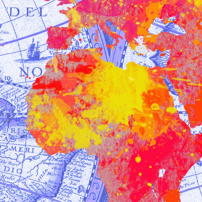 Quadro Mappa Del Mondo Artistica Con Effetto Astratto Blu E Rosso Su Sfondo Vintage map23 quadro stampato su tela