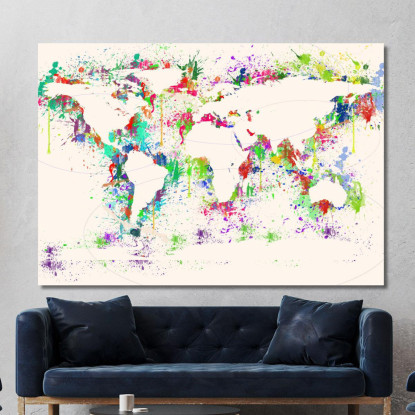 Quadro Mappa Del Mondo Astratta Colorata Con Effetto Schizzi Di Vernice Su Sfondo Chiaro map25 quadro stampato su tela