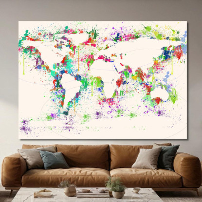 Quadro Mappa Del Mondo Astratta Colorata Con Effetto Schizzi Di Vernice Su Sfondo Chiaro map25 quadro stampato su tela