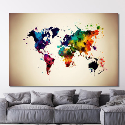 Quadro Mappa Del Mondo Astratta Con Spruzzi Di Colore E Effetto Acquarello map26 quadro stampato su tela