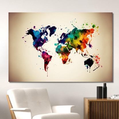 Quadro Mappa Del Mondo Astratta Con Spruzzi Di Colore E Effetto Acquarello map26 quadro stampato su tela
