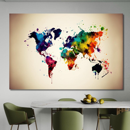 Quadro Mappa Del Mondo Astratta Con Spruzzi Di Colore E Effetto Acquarello map26 quadro stampato su tela