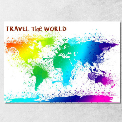 Quadro Mappa Del Mondo Colorata Effetto Acquerello Con Scritte Motivazionali map27 quadro stampato su tela
