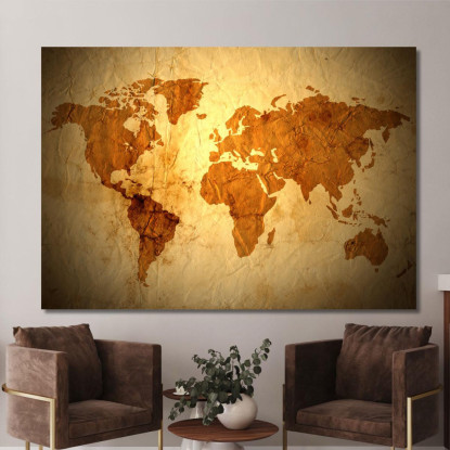 Quadro Mappa Del Mondo Effetto Carta Invecchiata Con Texture Vintage In Tono Sepia map30 quadro stampato su tela