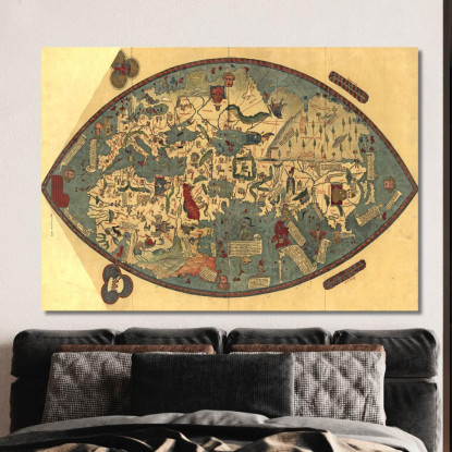 Quadro Mappa Del Mondo Medioevale Antica Con Dettagli Artistici E Simboli Storici map32 quadro stampato su tela