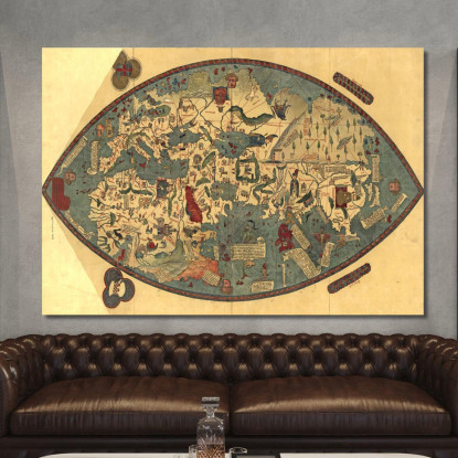 Quadro Mappa Del Mondo Medioevale Antica Con Dettagli Artistici E Simboli Storici map32 quadro stampato su tela
