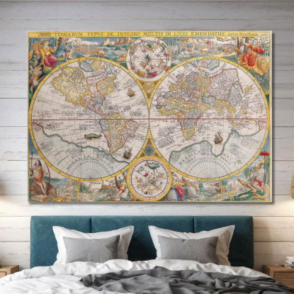 Quadro Mappa Del Mondo Rinascimentale Con Dettagli Artistici E Illustrazioni Zodiacali map34 quadro stampato su tela