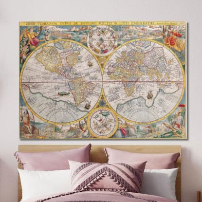 Quadro Mappa Del Mondo Rinascimentale Con Dettagli Artistici E Illustrazioni Zodiacali map34 quadro stampato su tela