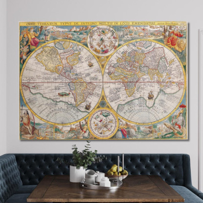Quadro Mappa Del Mondo Rinascimentale Con Dettagli Artistici E Illustrazioni Zodiacali map34 quadro stampato su tela