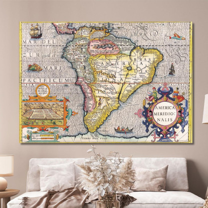 Quadro Mappa Dell'America Del Sud Antica Con Dettagli Geografici E Simboli Storici map41 quadro stampato su tela
