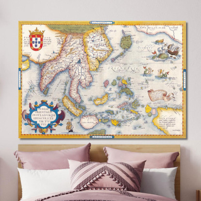 Quadro Mappa Dell'Asia Antica Con Illustrazioni Navi E Creature Mitologiche Su Sfondo Vintage map43 quadro stampato su tela