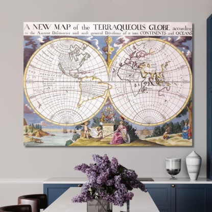 Quadro Mappa Storica Del Mondo A Due Emisferi Con Illustrazioni Antiche E Dettagli Artistici map47 quadro stampato su tela