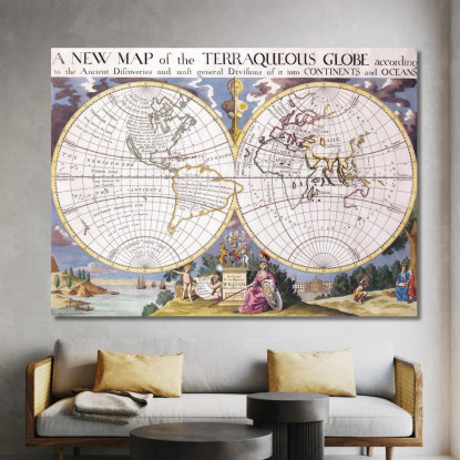 Quadro Mappa Storica Del Mondo A Due Emisferi Con Illustrazioni Antiche E Dettagli Artistici map47 quadro stampato su tela