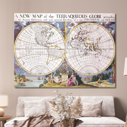 Quadro Mappa Storica Del Mondo A Due Emisferi Con Illustrazioni Antiche E Dettagli Artistici map47 quadro stampato su tela