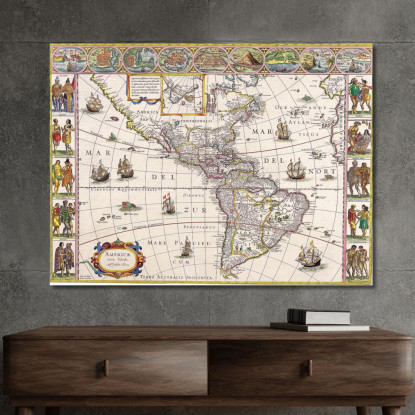 Quadro Mappa Storica Dell'America Con Rappresentazione Dettagliata E Scene Di Vita Nativa map55 quadro stampato su tela