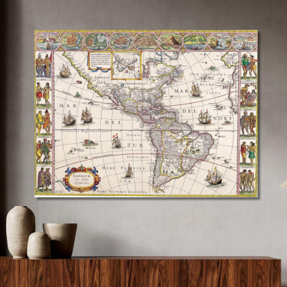 Quadro Mappa Storica Dell'America Con Rappresentazione Dettagliata E Scene Di Vita Nativa map55 quadro stampato su tela