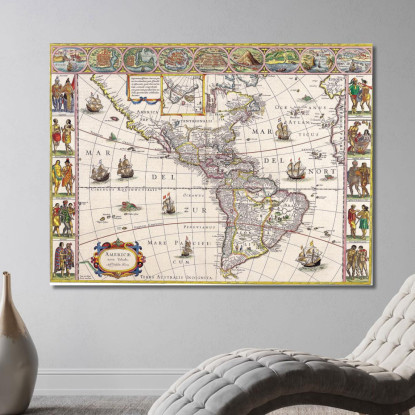 Quadro Mappa Storica Dell'America Con Rappresentazione Dettagliata E Scene Di Vita Nativa map55 quadro stampato su tela