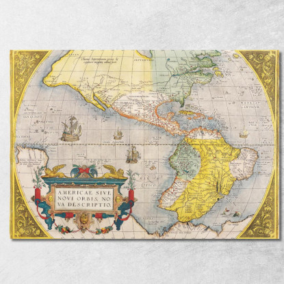 Quadro Mappa Storica Dell'America Con Rotte Di Navigazione E Navi Antiche map56 quadro stampato su tela