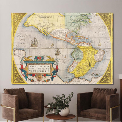 Quadro Mappa Storica Dell'America Con Rotte Di Navigazione E Navi Antiche map56 quadro stampato su tela