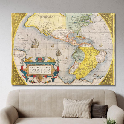 Quadro Mappa Storica Dell'America Con Rotte Di Navigazione E Navi Antiche map56 quadro stampato su tela
