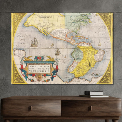 Quadro Mappa Storica Dell'America Con Rotte Di Navigazione E Navi Antiche map56 quadro stampato su tela