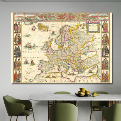 Quadro Mappa Storica Dell'Europa Con Confini Dettagliati E Illustrazioni Decorative map57 quadro stampato su tela