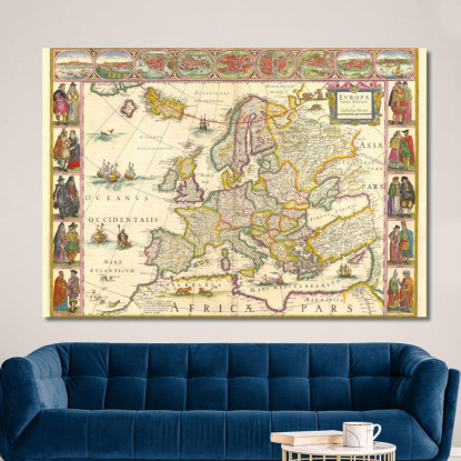 Quadro Mappa Storica Dell'Europa Con Confini Dettagliati E Illustrazioni Decorative map57 quadro stampato su tela
