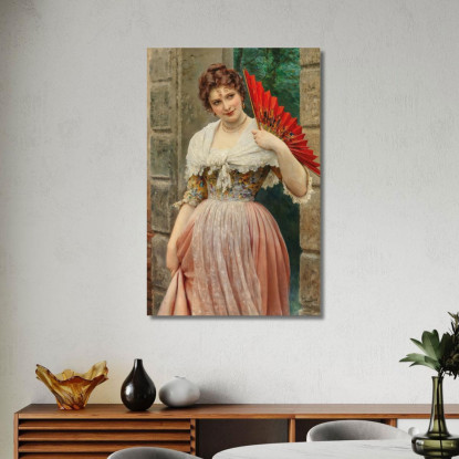 Una Giovane Dama Con Un Ventaglio Rosso Eugen von Blaas evb16 quadro stampato su tela