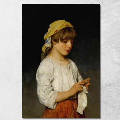 Ragazza Che Lavora A Maglia Con Fazzoletto Eugen von Blaas evb44 quadro stampato su tela