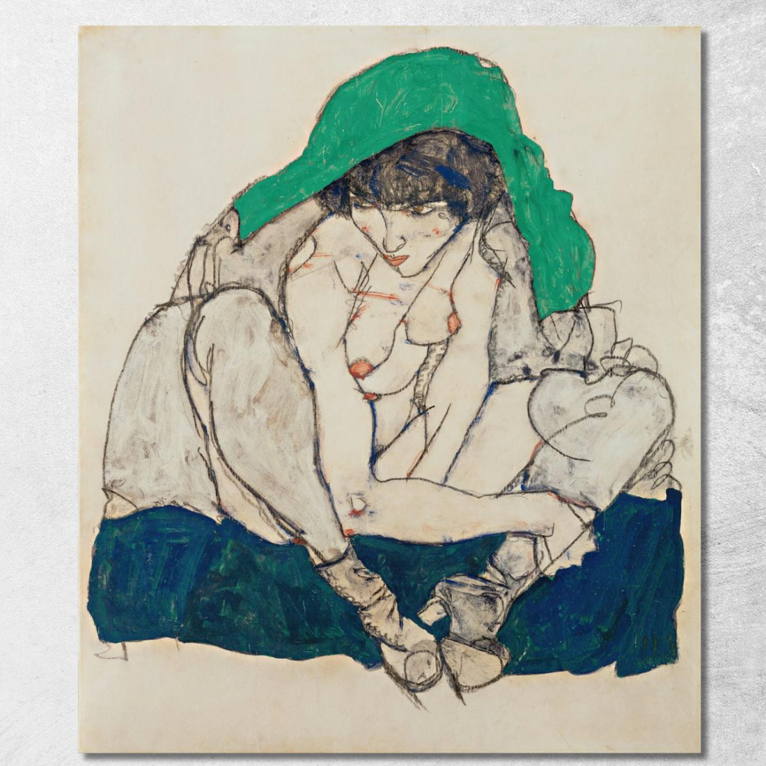 Donna Accovacciata Con Foulard Verde Egon Schiele esh34 quadro stampato su tela