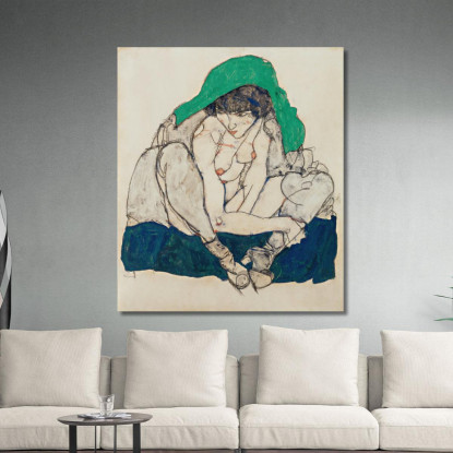 Donna Accovacciata Con Foulard Verde Egon Schiele esh34 quadro stampato su tela