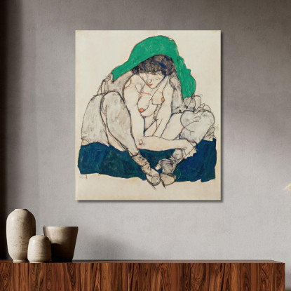 Donna Accovacciata Con Foulard Verde Egon Schiele esh34 quadro stampato su tela
