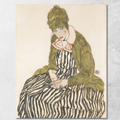 Edith Con Vestito A Righe Seduta Egon Schiele esh46 quadro stampato su tela