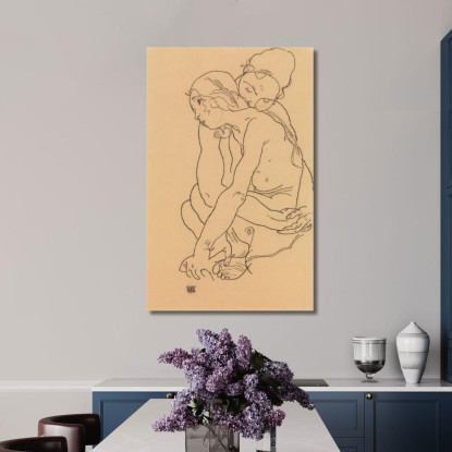 Donna E Ragazza Che Si Abbracciano Egon Schiele esh205 quadro stampato su tela