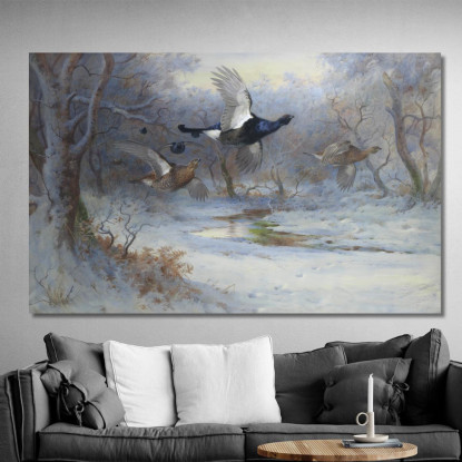 Fagiano Di Monte E Pernice In Volo In Inverno Archibald Thorburn ath23 quadro stampato su tela