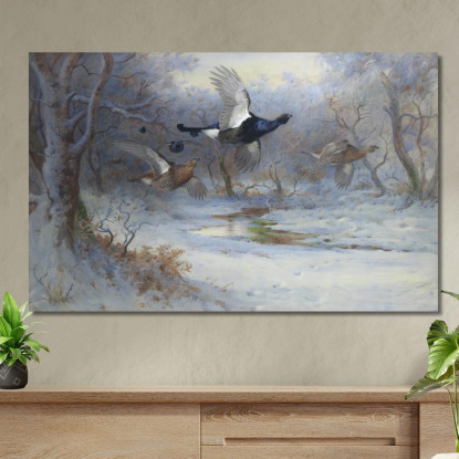 Fagiano Di Monte E Pernice In Volo In Inverno Archibald Thorburn ath23 quadro stampato su tela