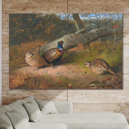 Il Faggio Caduto - Un Gallo E Tre Fagiane Con Una Vespa Archibald Thorburn ath101 quadro stampato su tela