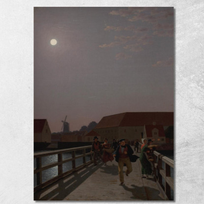 Langebro Copenaghen Al Chiaro Di Luna Con Figure In Movimento Christoffer Wilhelm Eckersberg cwe34 quadro stampato su tela