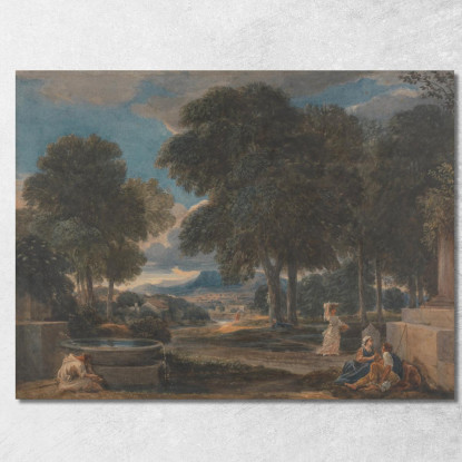 Paesaggio Con Un Uomo Che Si Lava I Piedi A Una Fontana Dopo Poussin David Cox dcx28 quadro stampato su tela