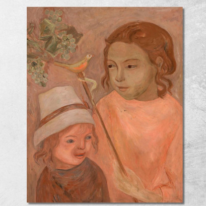 Bambini Con Un Uccellino Sul Bastone Tadeusz Makowski tmk38 quadro stampato su tela