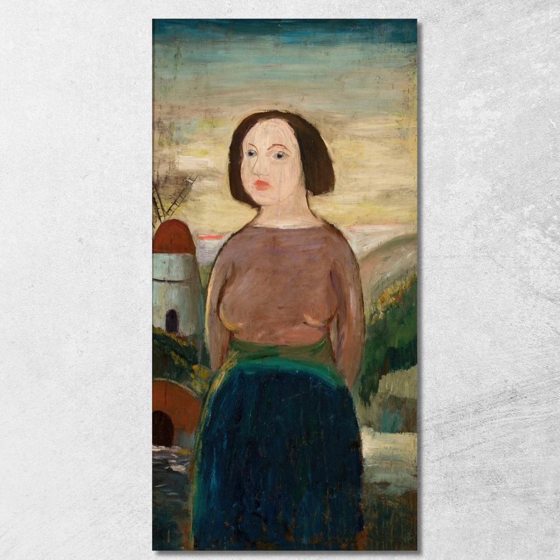 Ragazza Sullo Sfondo Di Un Paesaggio Con Mulino A Vento Tadeusz Makowski tmk62 quadro stampato su tela