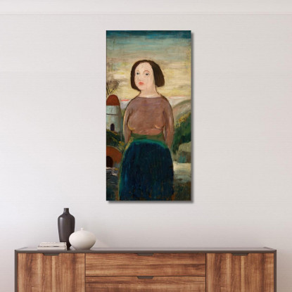 Ragazza Sullo Sfondo Di Un Paesaggio Con Mulino A Vento Tadeusz Makowski tmk62 quadro stampato su tela