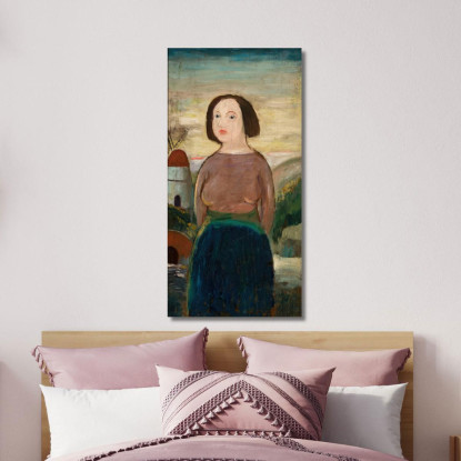 Ragazza Sullo Sfondo Di Un Paesaggio Con Mulino A Vento Tadeusz Makowski tmk62 quadro stampato su tela