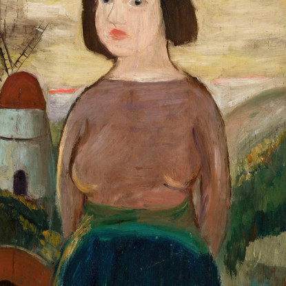 Ragazza Sullo Sfondo Di Un Paesaggio Con Mulino A Vento Tadeusz Makowski tmk62 quadro stampato su tela