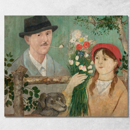 Idillio Accanto A Una Recinzione (Autoritratto Di Ragazza Con Fiori E Cane) Tadeusz Makowski tmk81 quadro stampato su tela
